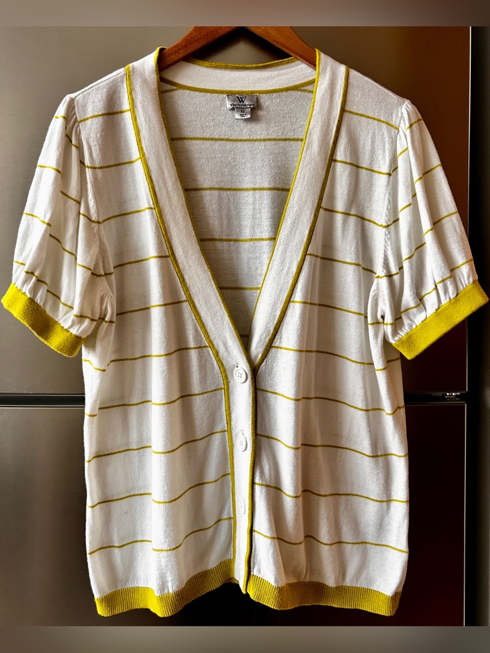 Worthington XL Striped Short Sleeve Cardigan White Chartreuse Retro